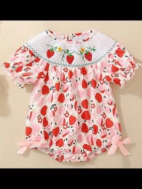 Pink Strawberry Smocked Bubble Romper